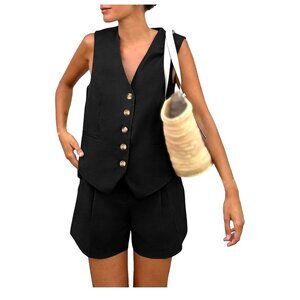 Women's Black Button-Up Vest & Shorts Two-Piece Set Summer Outfit Size SMALL